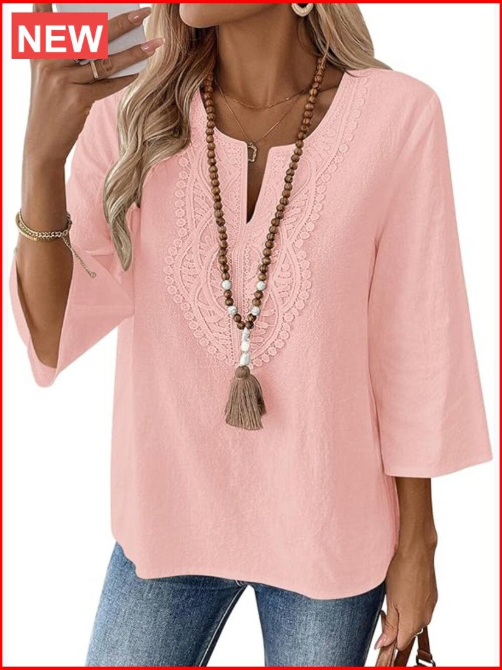 Cotton Linen 3/4 Sleeve V Neck Lace Loose Fit Tunic Blouse Boho Top
